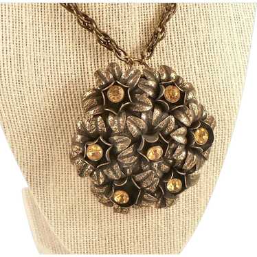 Rare Brass and Citrine Glass Floral Pendant Neckl… - image 1