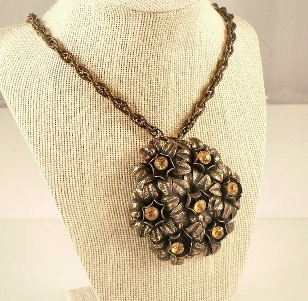 Rare Brass and Citrine Glass Floral Pendant Neckl… - image 3