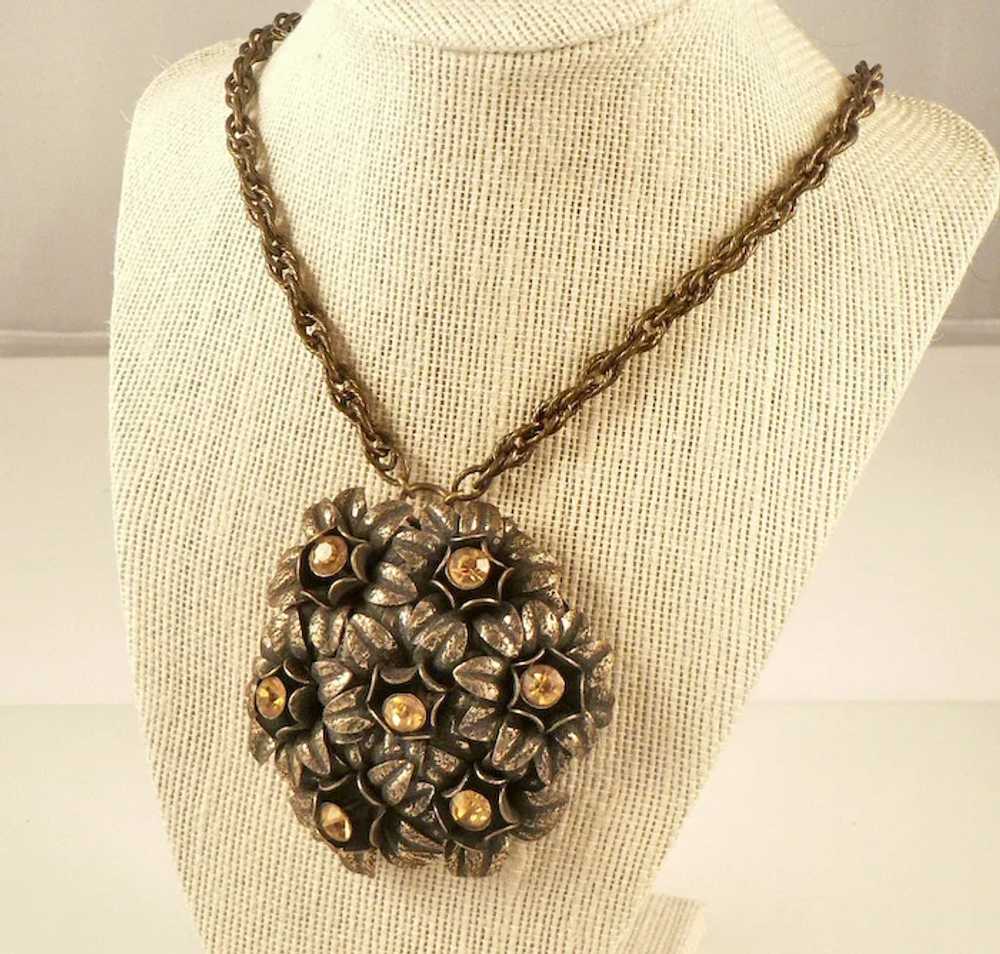 Rare Brass and Citrine Glass Floral Pendant Neckl… - image 4