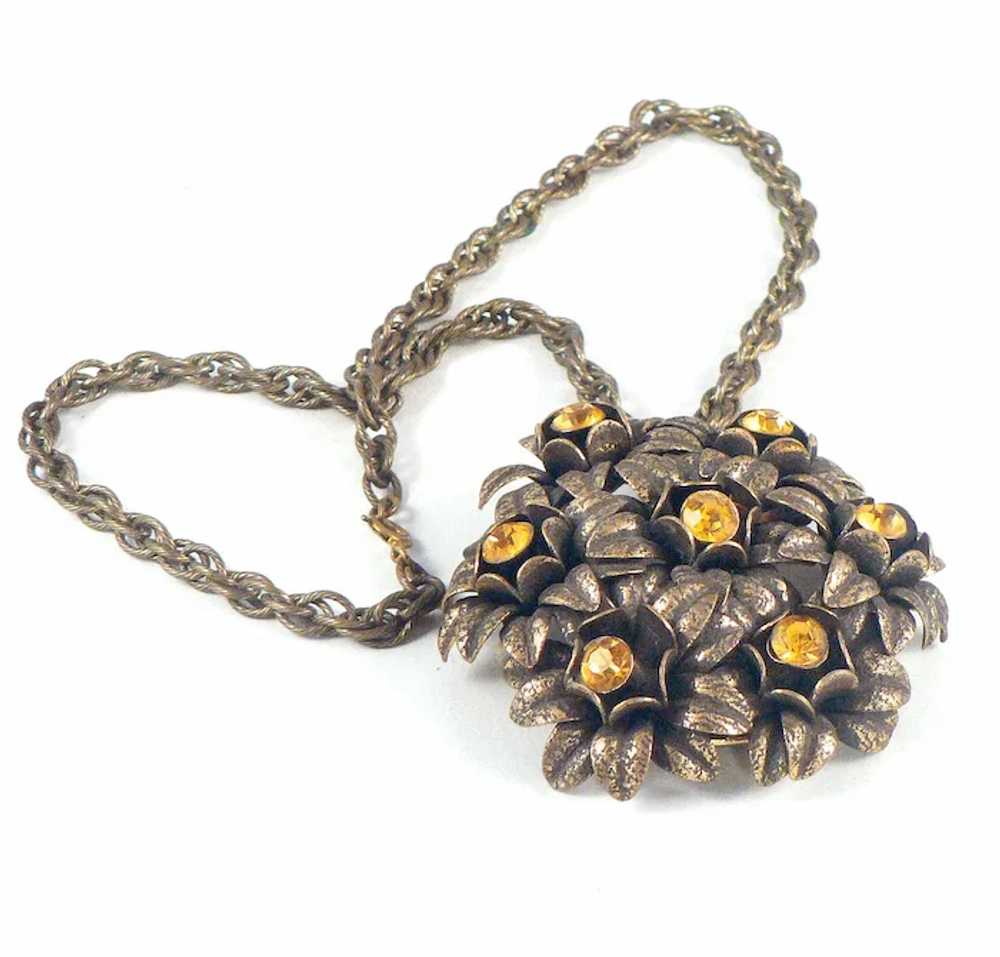 Rare Brass and Citrine Glass Floral Pendant Neckl… - image 5