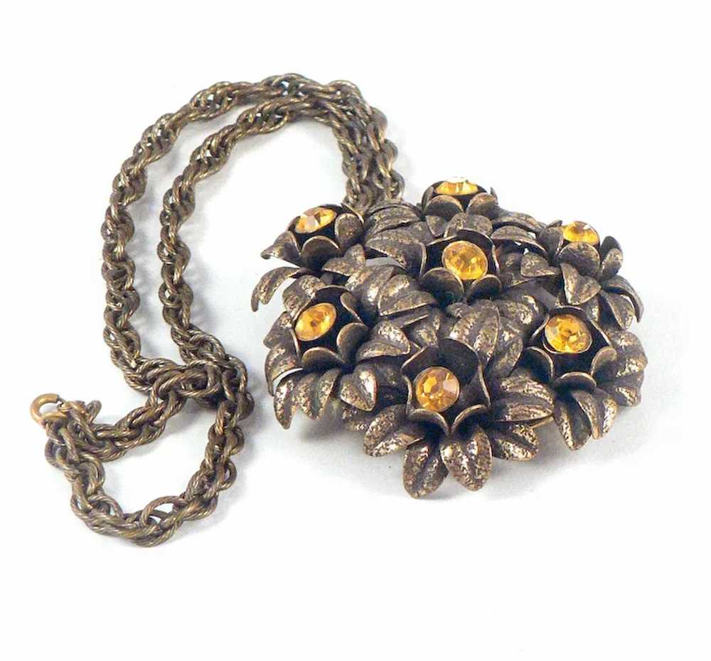 Rare Brass and Citrine Glass Floral Pendant Neckl… - image 6