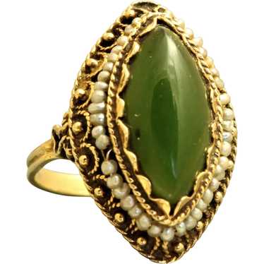 Estate 14K Jade and Seed Pearl Ring