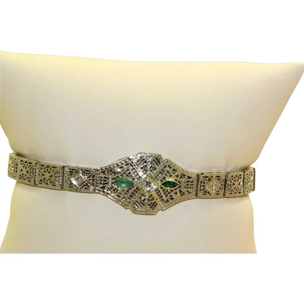 Estate 14KW Filigree Emerald and Diamond Bracelet - image 1