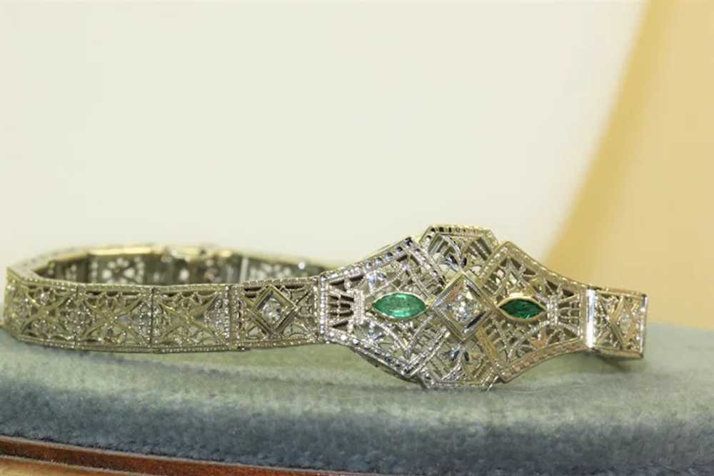 Estate 14KW Filigree Emerald and Diamond Bracelet - image 2