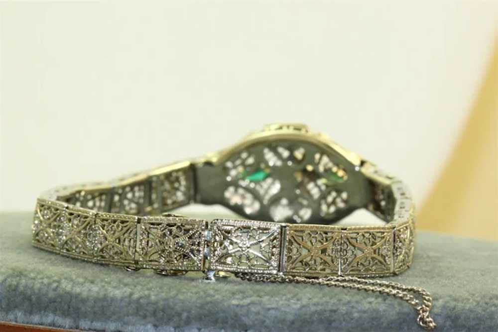 Estate 14KW Filigree Emerald and Diamond Bracelet - image 3