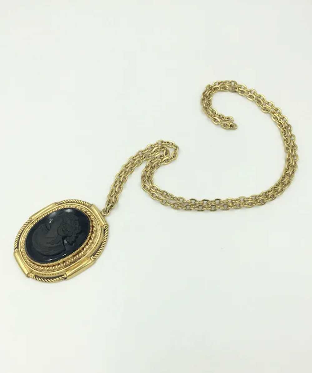 Vintage Mourning Black Cameo Necklace Long Yellow… - image 11