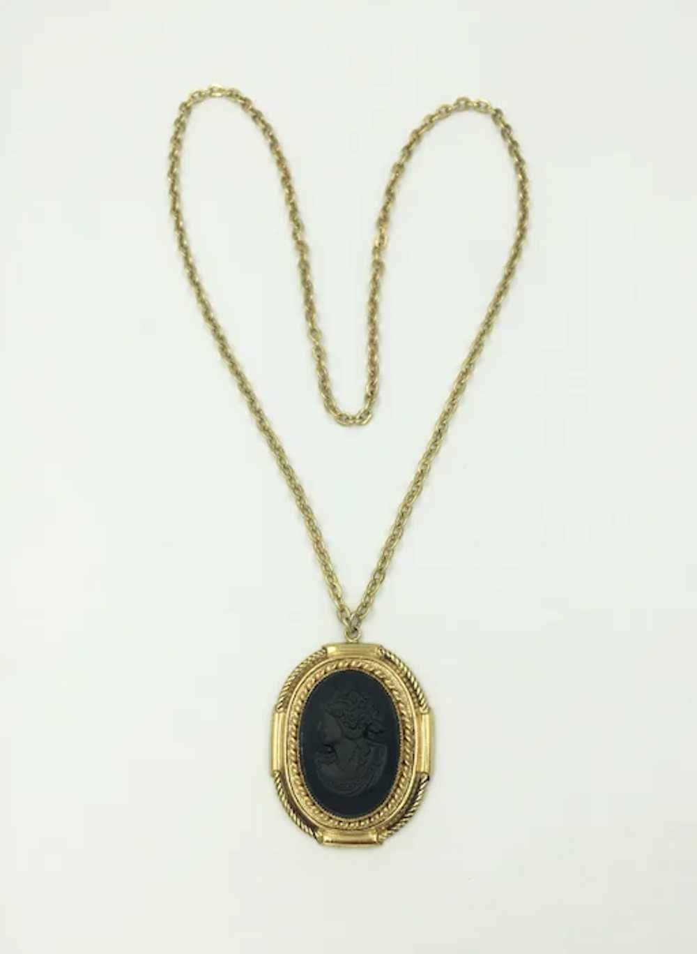 Vintage Mourning Black Cameo Necklace Long Yellow… - image 12