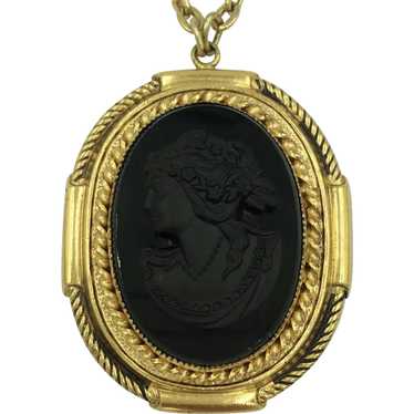 Vintage Mourning Black Cameo Necklace Long Yellow… - image 1
