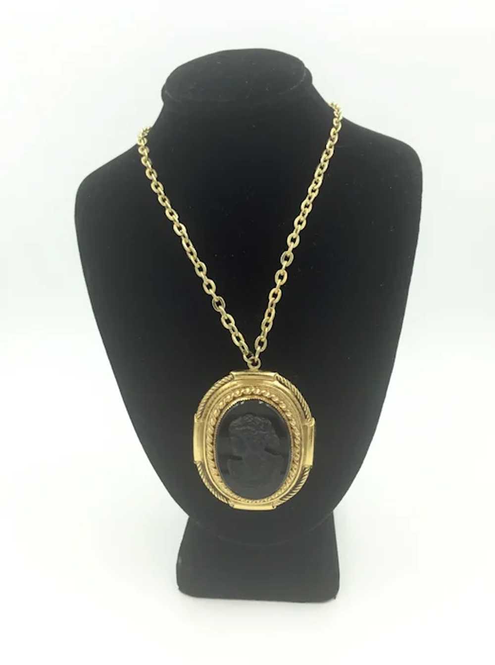 Vintage Mourning Black Cameo Necklace Long Yellow… - image 3