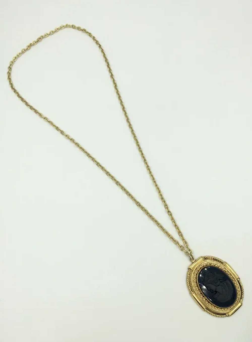 Vintage Mourning Black Cameo Necklace Long Yellow… - image 5