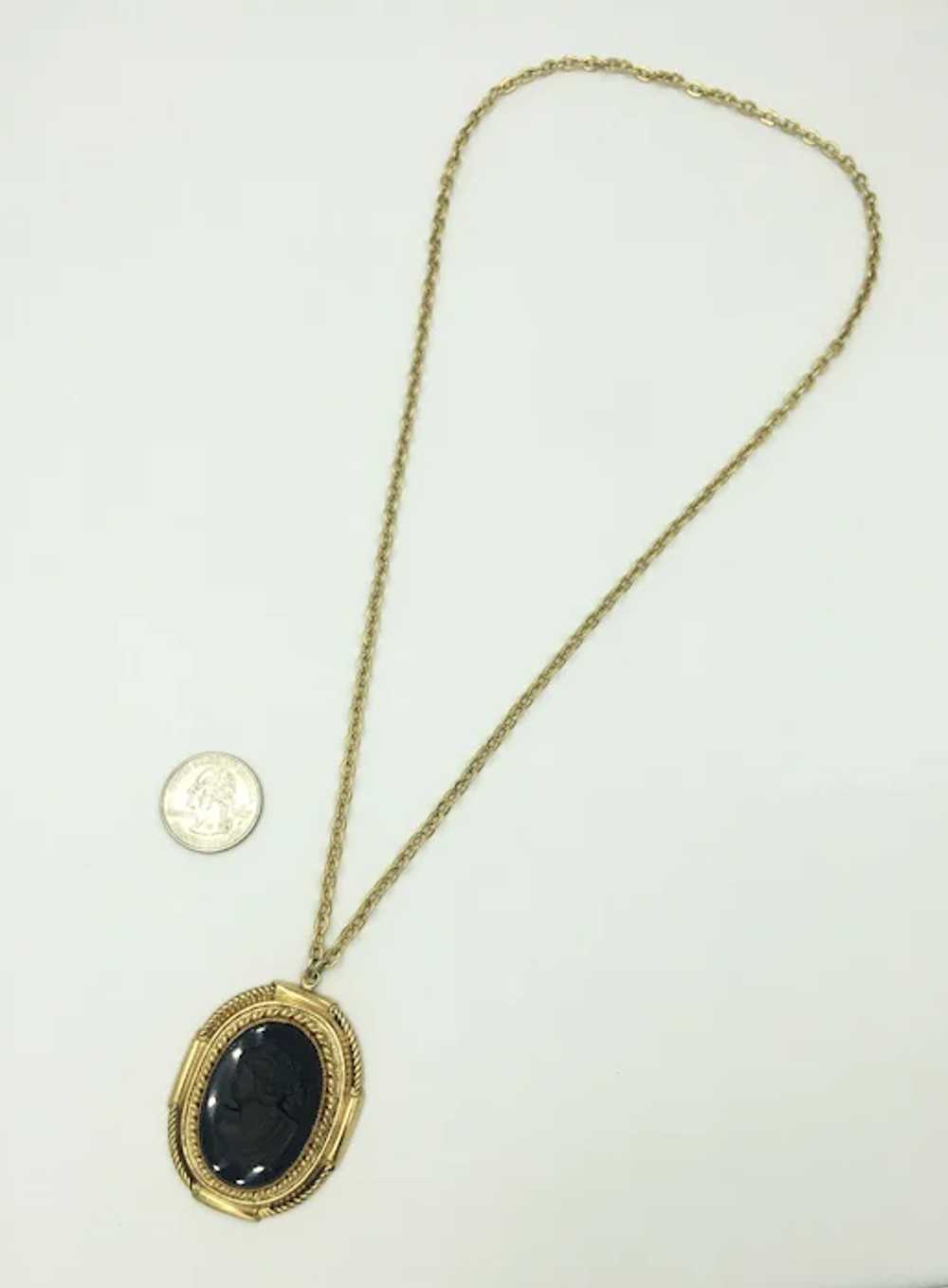 Vintage Mourning Black Cameo Necklace Long Yellow… - image 6