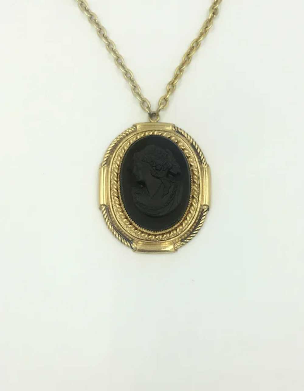Vintage Mourning Black Cameo Necklace Long Yellow… - image 8