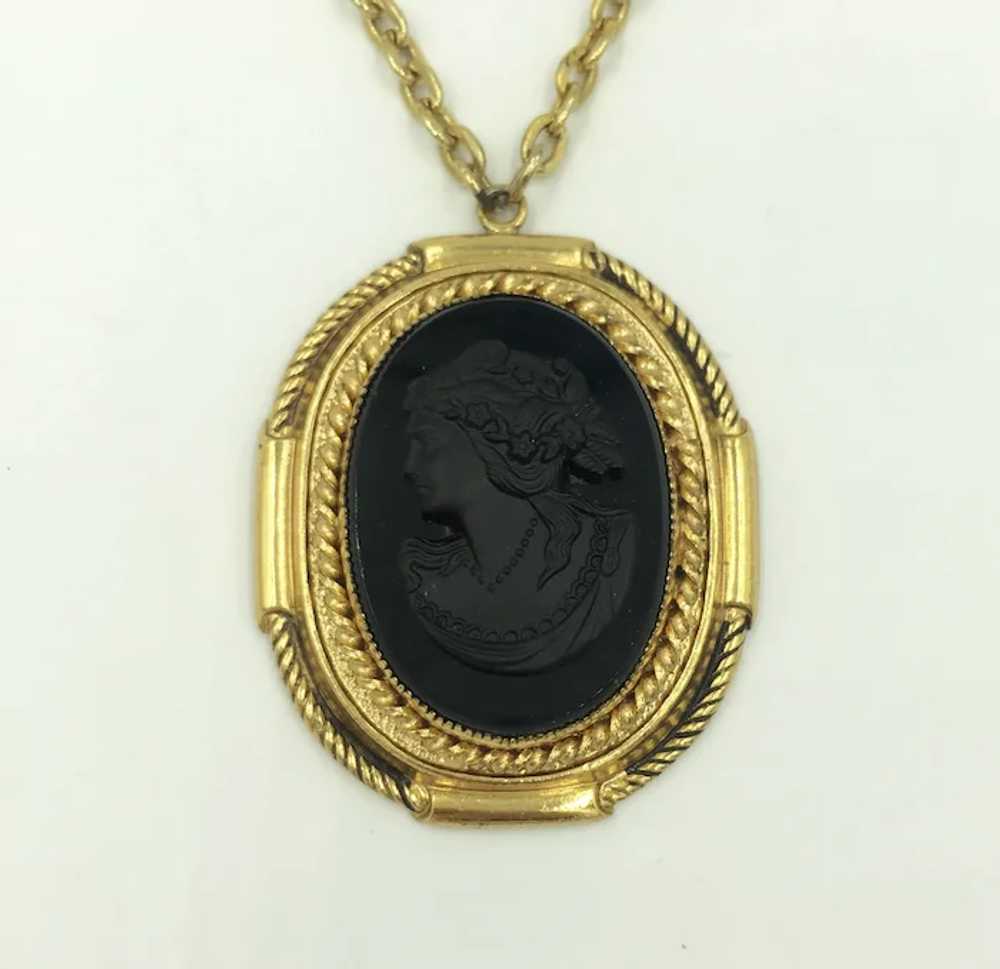 Vintage Mourning Black Cameo Necklace Long Yellow… - image 9