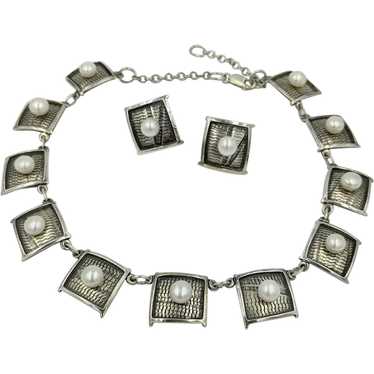 Sterling Silver Pearl Artisan Signed Necklace Cli… - image 1