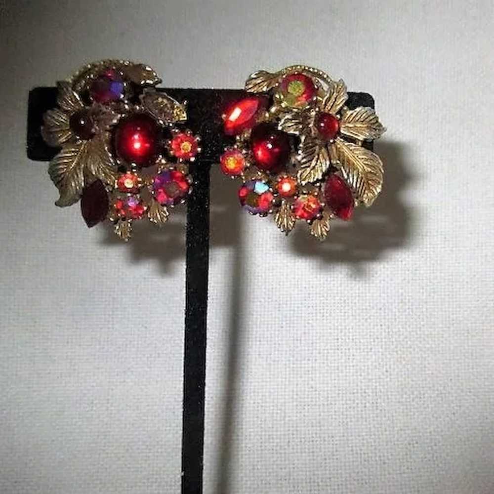 Red Glass and Rhinestone with Brass Leaves Clip-o… - image 2