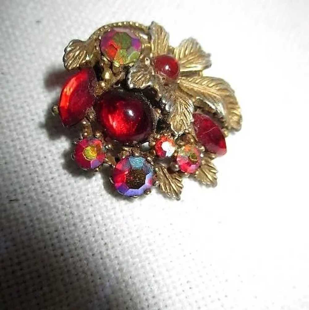 Red Glass and Rhinestone with Brass Leaves Clip-o… - image 4