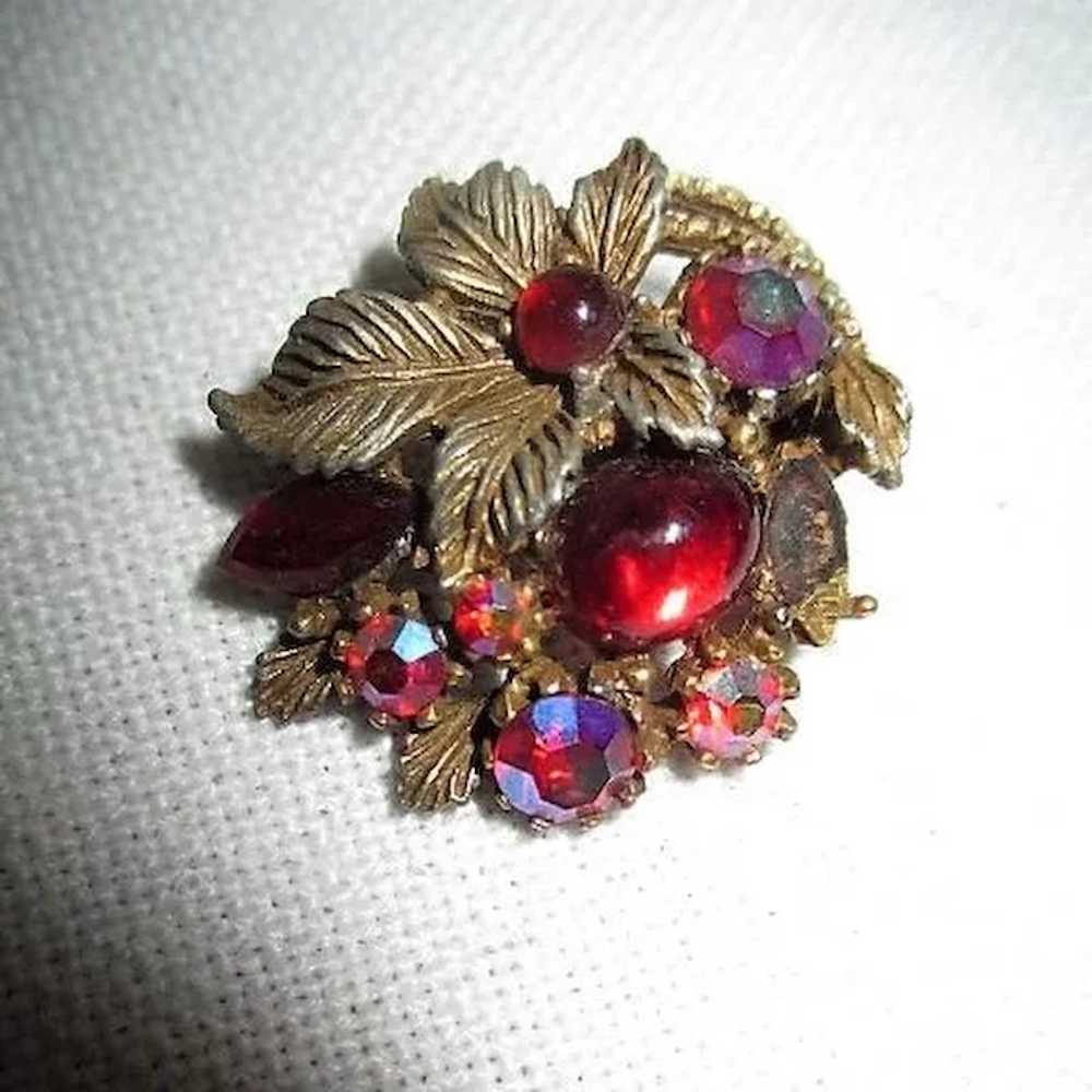 Red Glass and Rhinestone with Brass Leaves Clip-o… - image 5