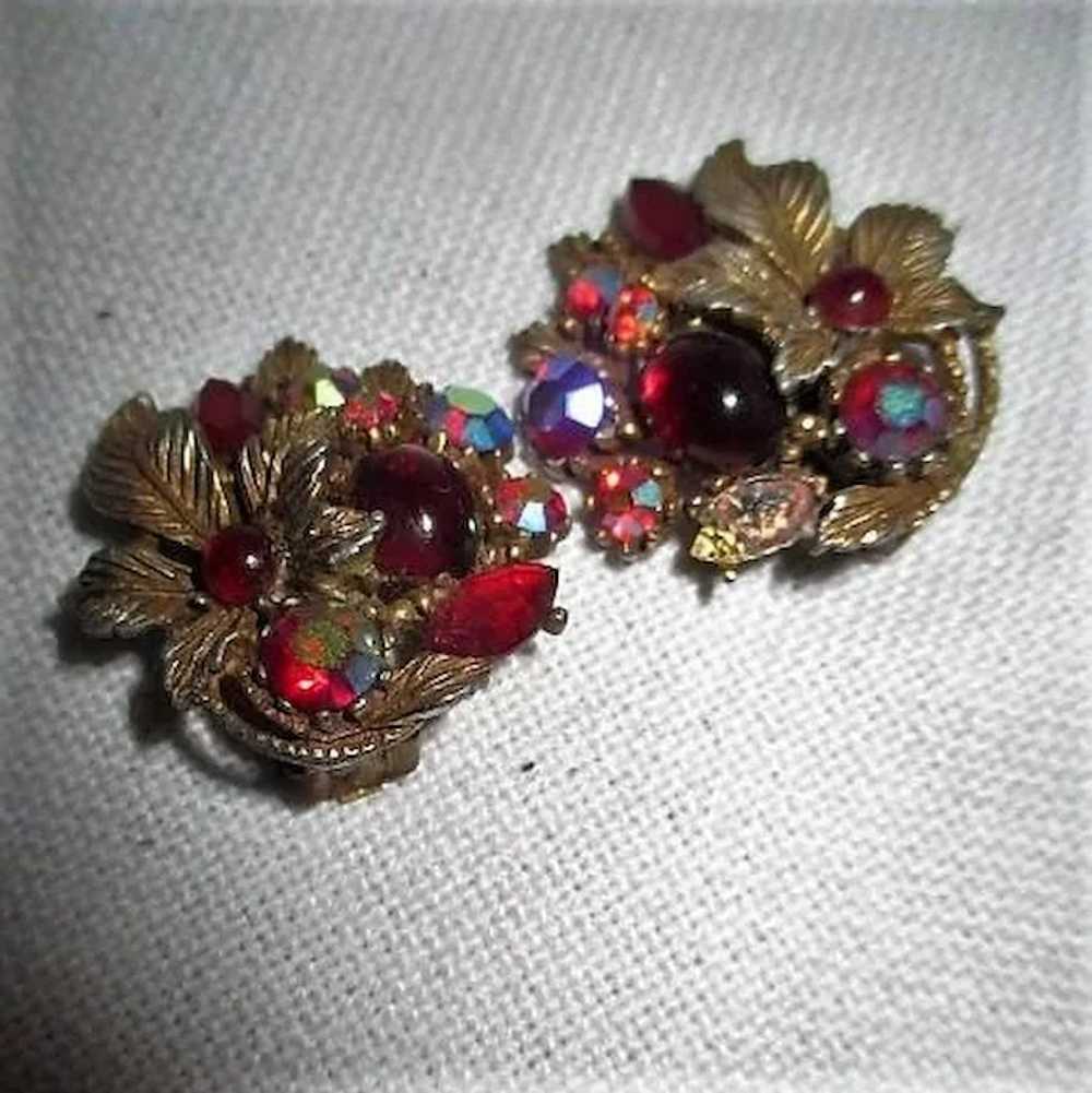 Red Glass and Rhinestone with Brass Leaves Clip-o… - image 7
