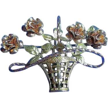 Vintage Krementz Basket of Roses Brooch Pin 2 Tone - image 1