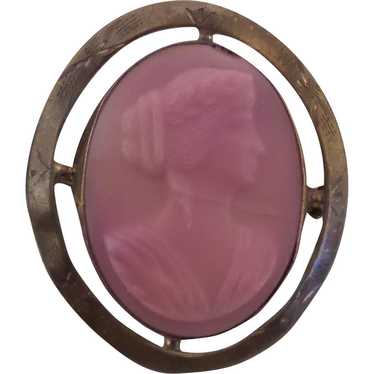 Antique 1900s Pink Burmese Glass Cameo Brooch - image 1
