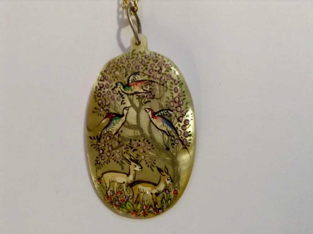 Deer Hand Painted and Carved Shell Pendant on Gol… - image 2