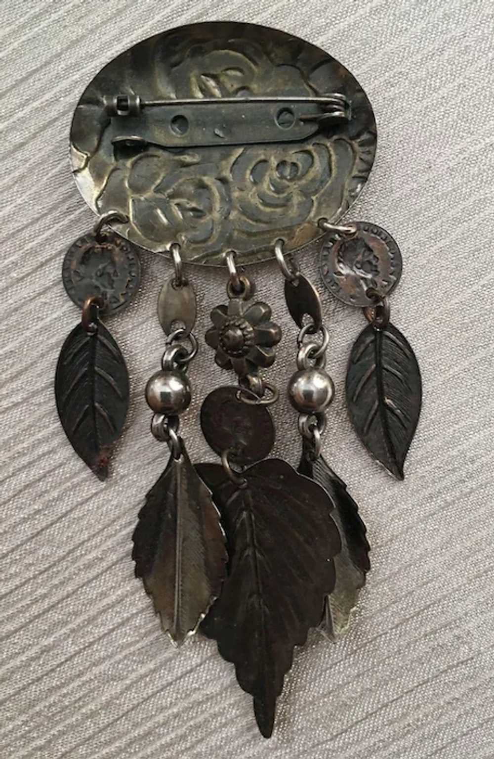 Unique Art Deco Coin and Leaf Dangly Pin - image 2