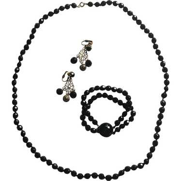 Beautiful Vintage French Jet Black Glass Necklace… - image 1