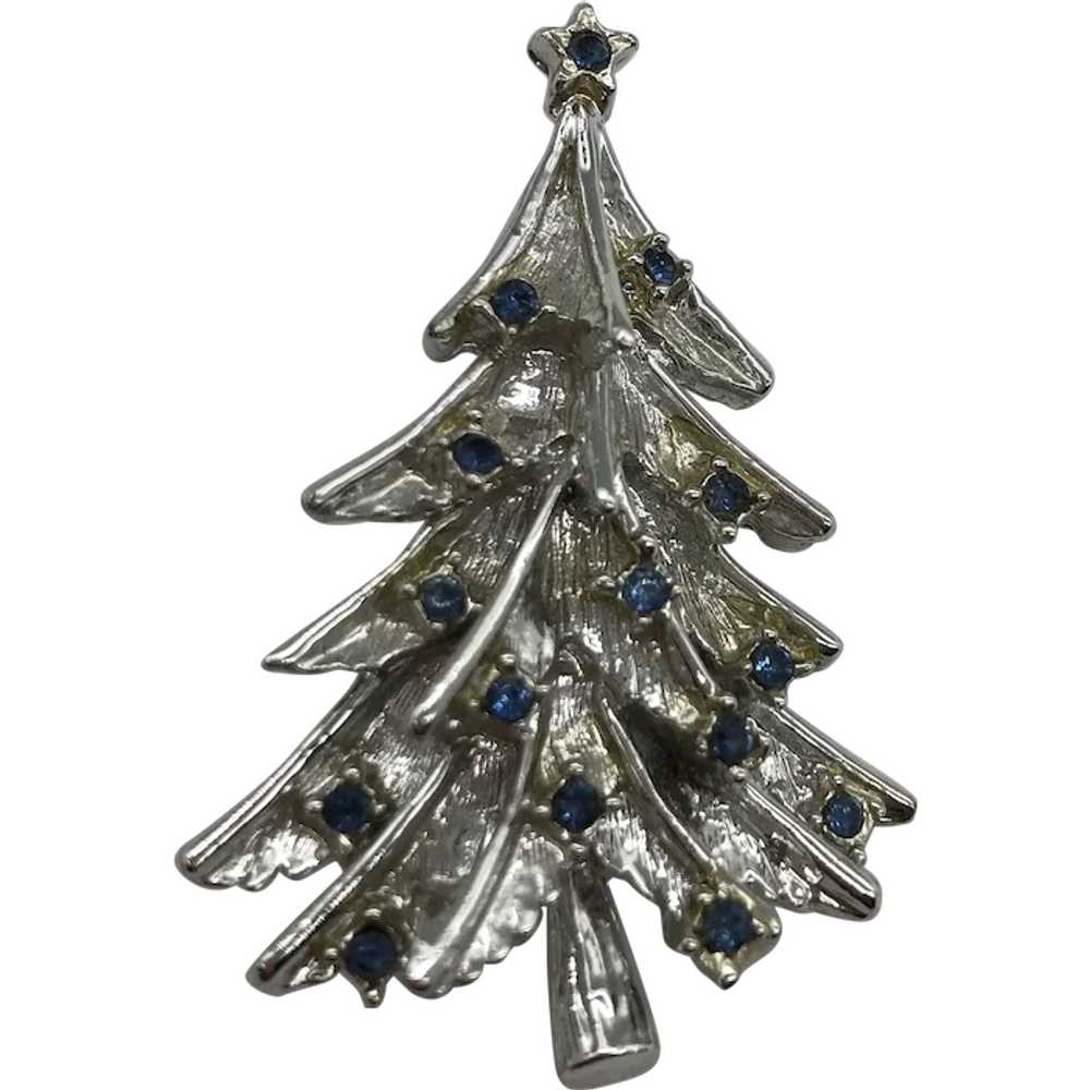Vintage Silver Tone Blue Rhinestone Christmas Tre… - image 1