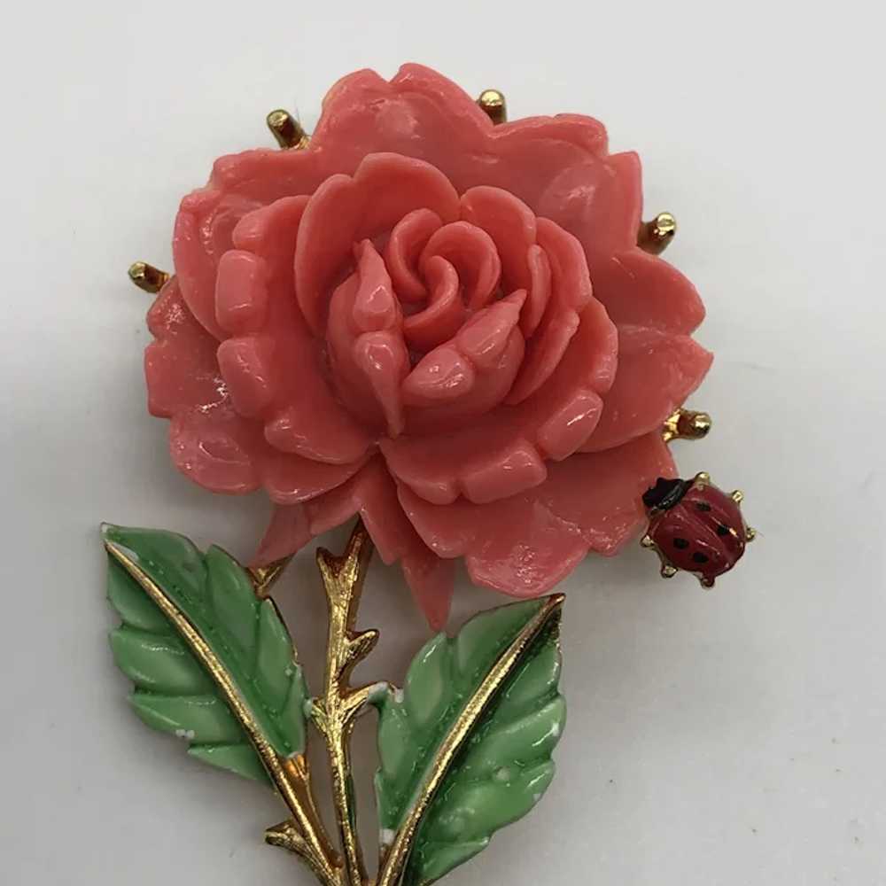 Vintage JJ Jonette Coral Plastic Rose With Ladybu… - image 3