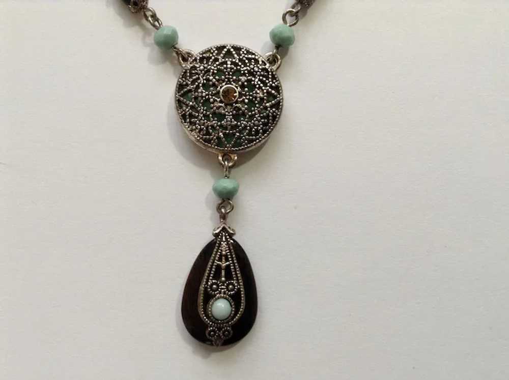 Silver-Tone Filigree with Black and Turquoise Col… - image 2