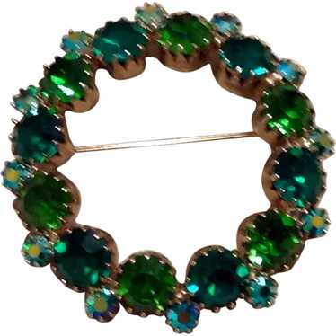 Silver Tone Green Rhinestone Brooch