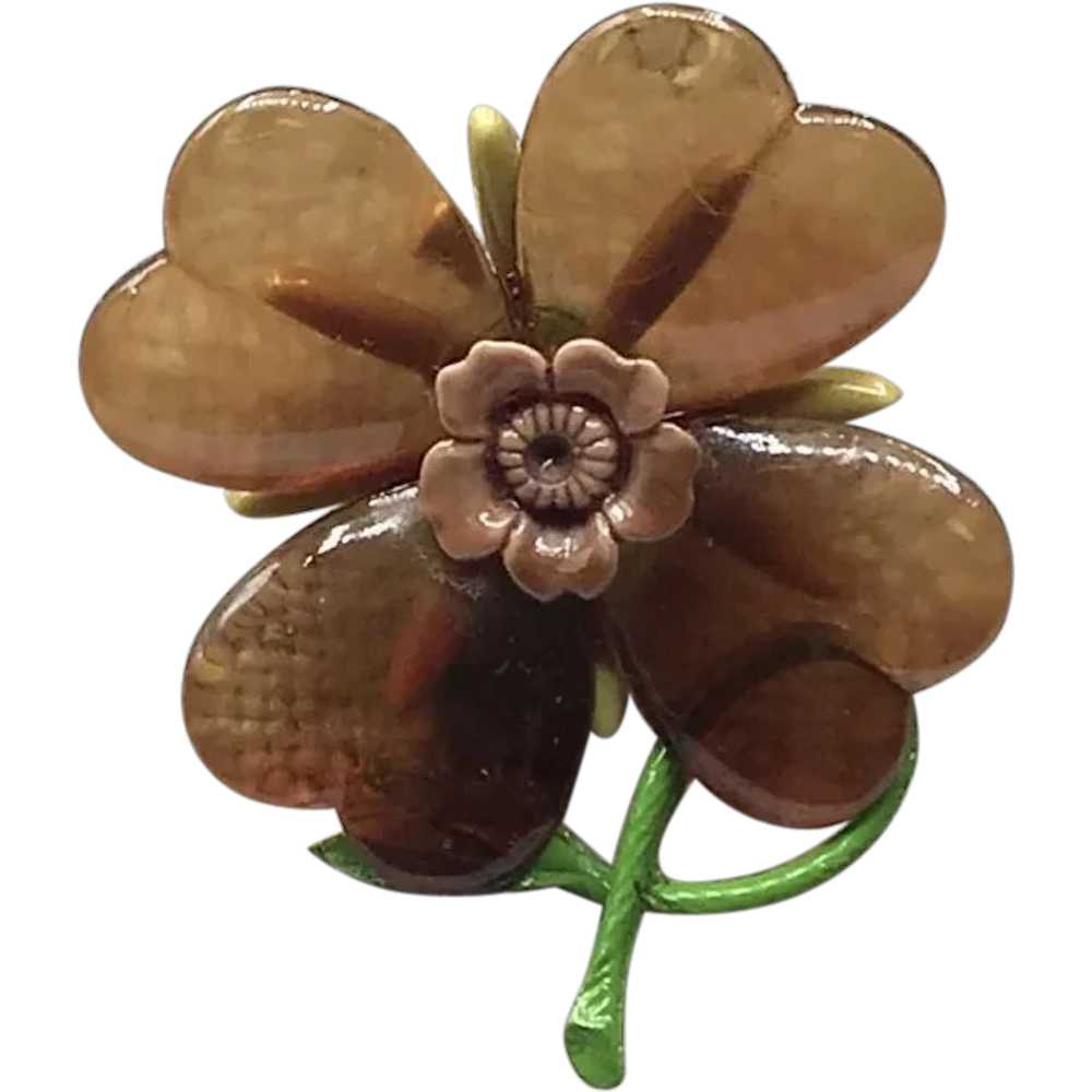 Lucite Enameled Floral Brooch - image 1
