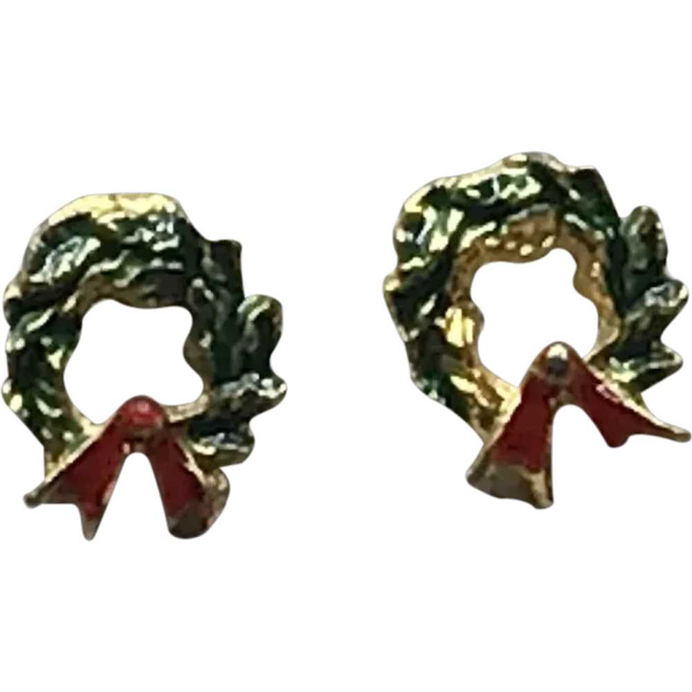 Gold Tone Christmas Wreath Enameled Earrings - image 1
