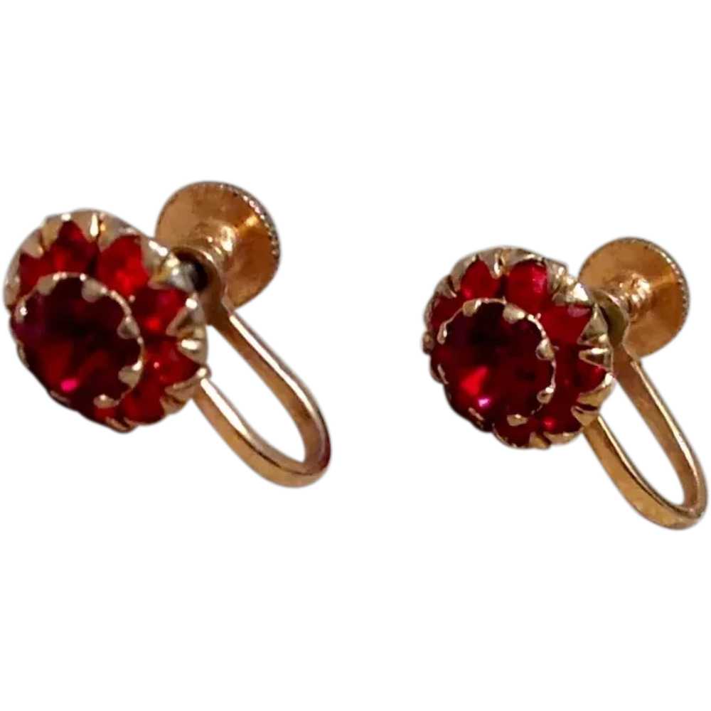 Gold Tone Ruby Red Rhinestone Earrings - image 1