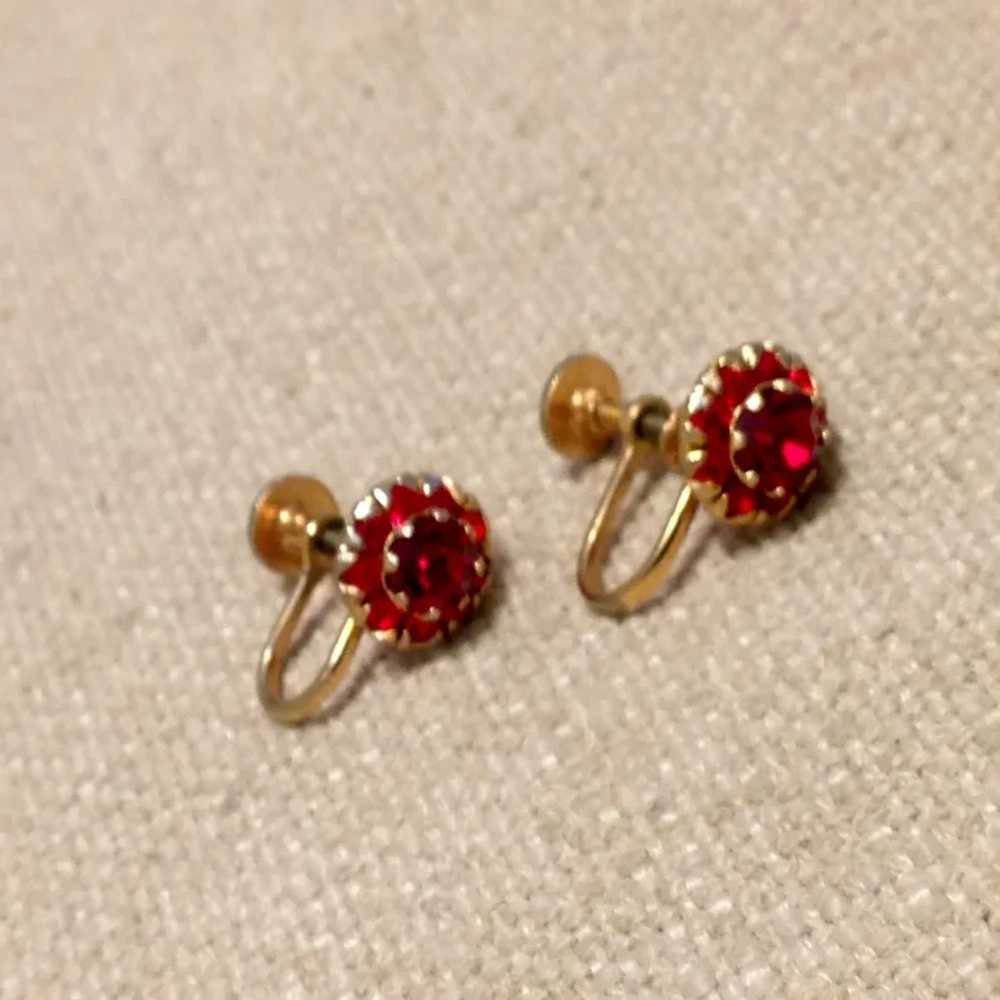 Gold Tone Ruby Red Rhinestone Earrings - image 2