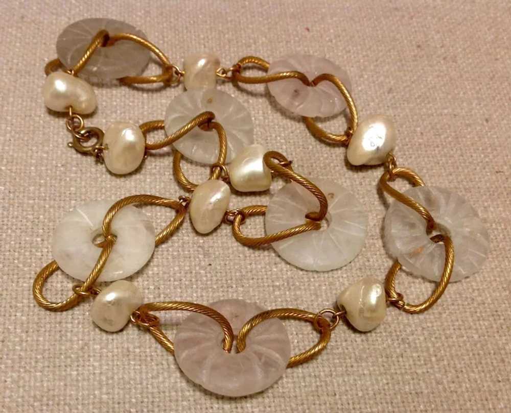 1930's Rose Quartz Faux Baroque Pearl Necklace Ge… - image 3