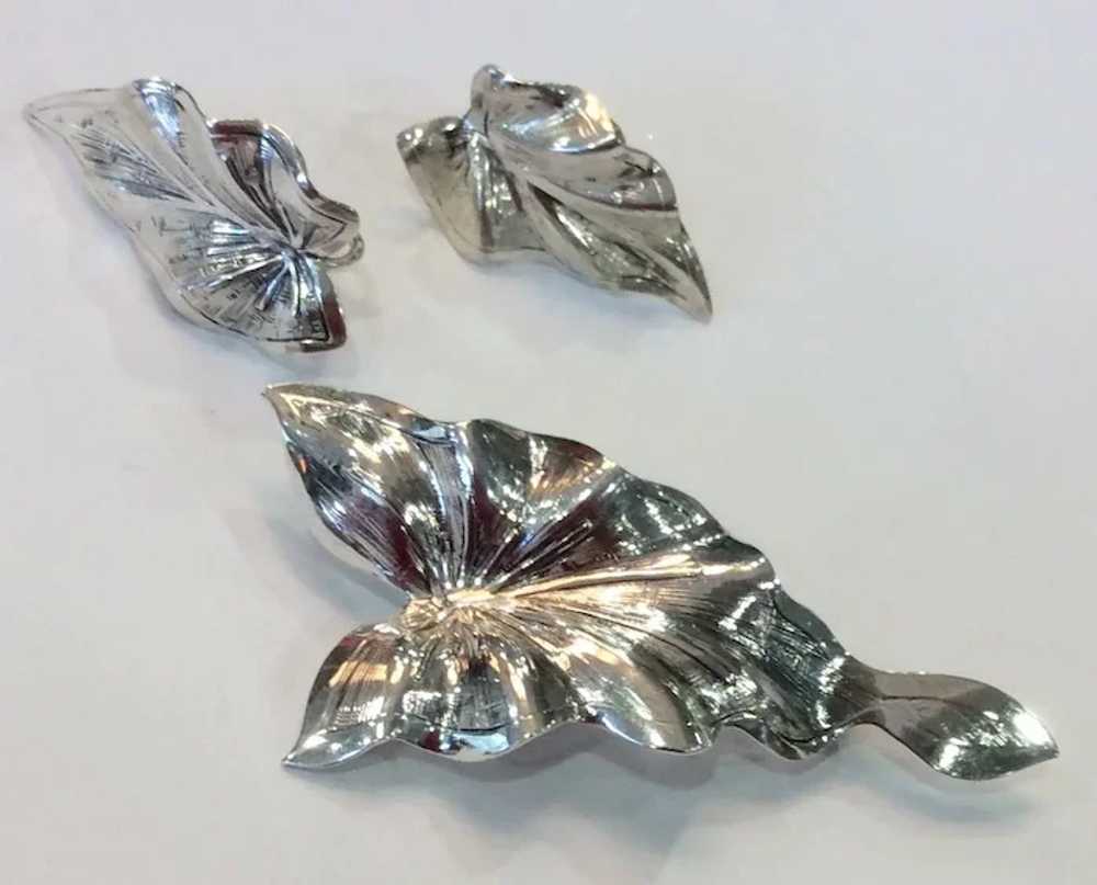 Vintage Dancraft Sterling Silver Leaf Brooch & Ea… - image 2