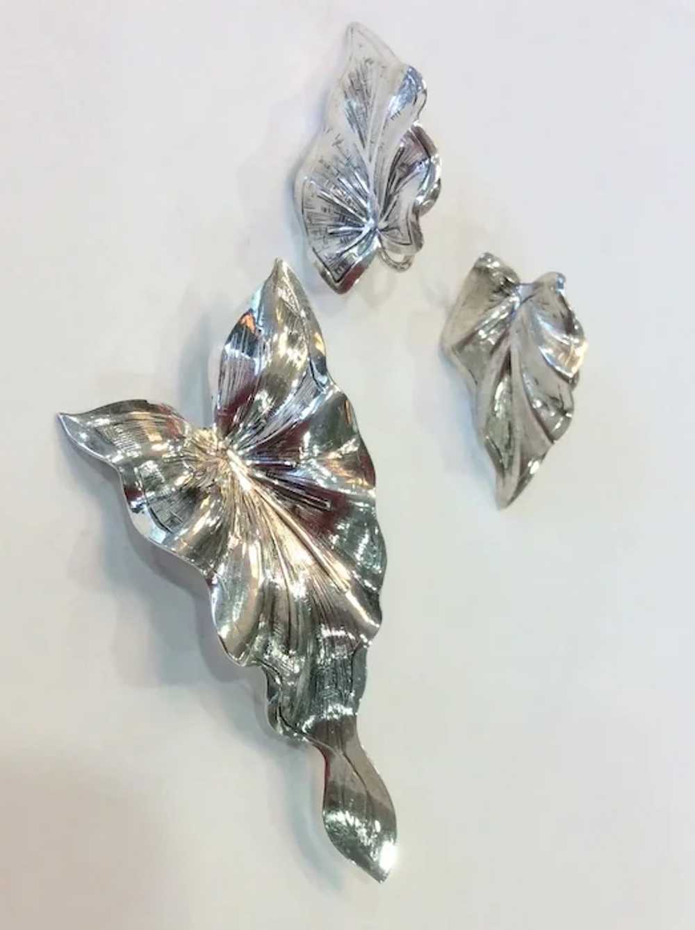 Vintage Dancraft Sterling Silver Leaf Brooch & Ea… - image 4