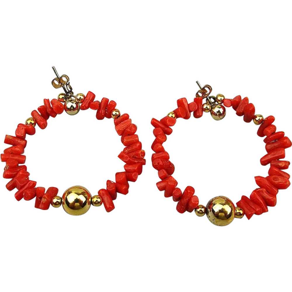 Genuine Red Coral Nugget Hoop Earrings Pierced Gem