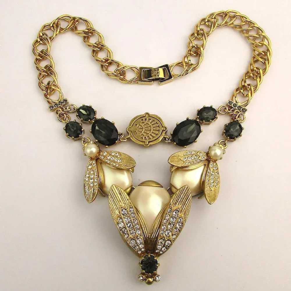 Vintage BUG Necklace Rhinestones Faux Pearls Sapp… - image 1