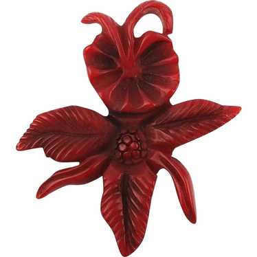 Rare Old Bakelite Super Carved Orchid Pin Brooch - image 1