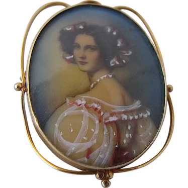 1920s-40s 14K Portrait Miniature Woman in Pink Pi… - image 1