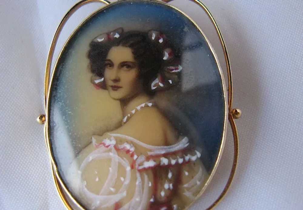 1920s-40s 14K Portrait Miniature Woman in Pink Pi… - image 2