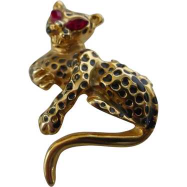 Vintage Cast Brass Belt Buckle Leopard Cheetah Cat with Rhinestone