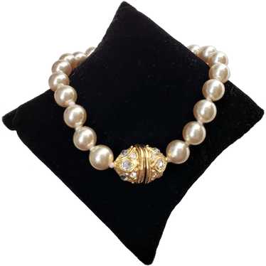 Nolan Miller Double Strand Faux Pearls Rhinestone Clasp Necklace