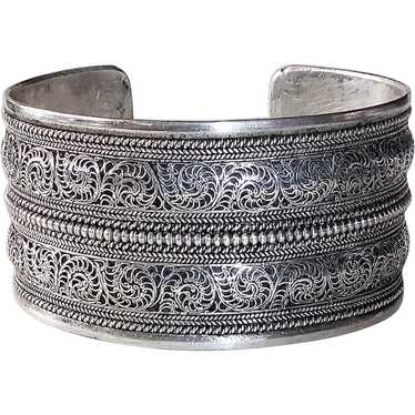 Ethnic Sterling Wide Ornate Filigree Cuff Bracelet