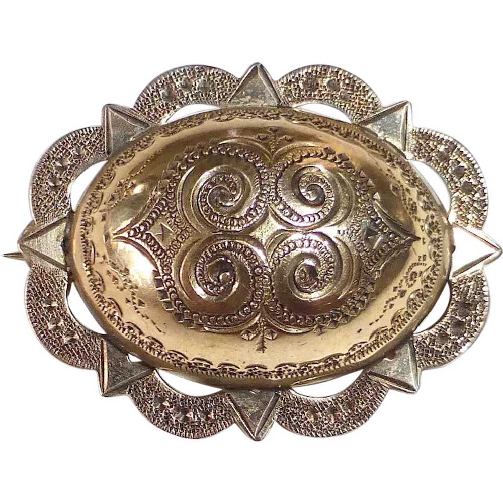 Antique Victorian Hand Engraved Oval Dome Pin - image 1