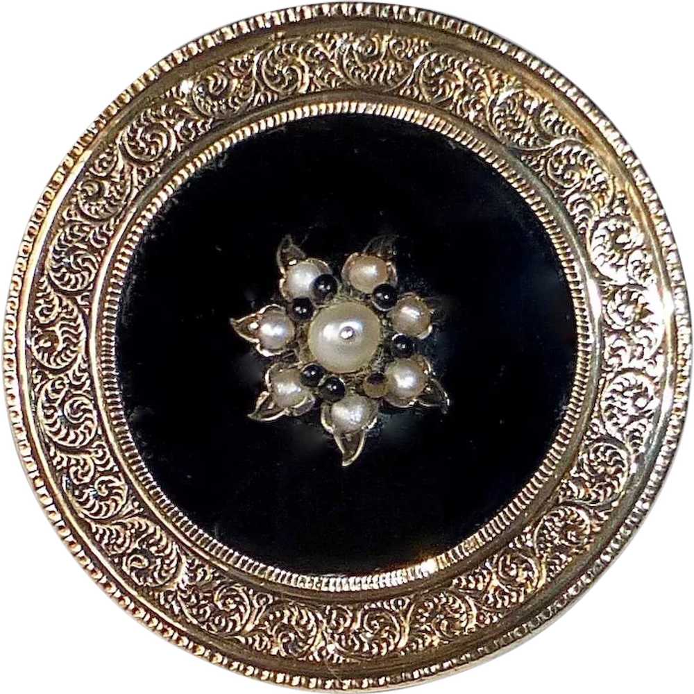 14k Victorian Engraved Mourning Pin Onyx & Seed P… - image 1