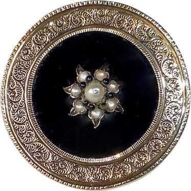 14k Victorian Engraved Mourning Pin Onyx & Seed P… - image 1