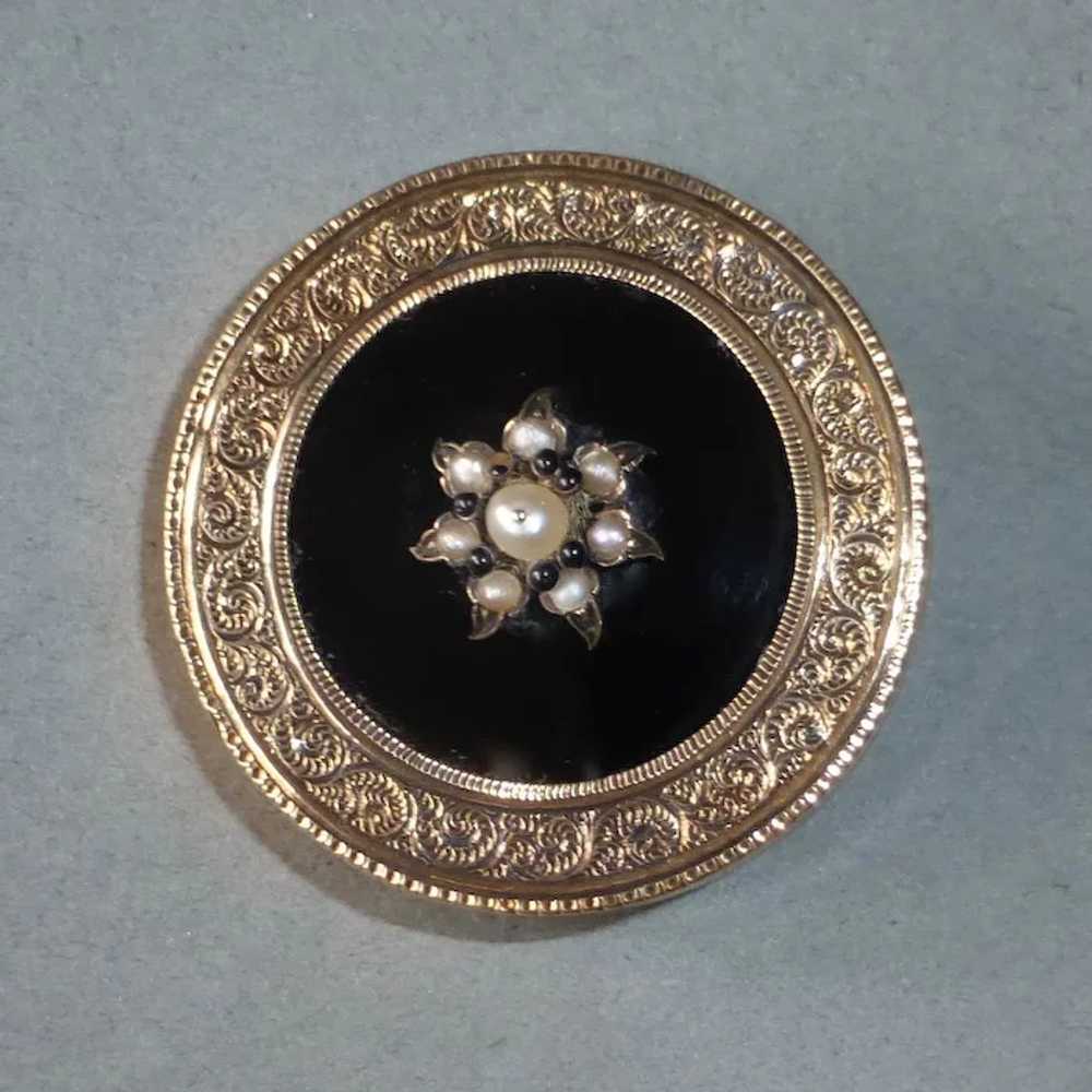 14k Victorian Engraved Mourning Pin Onyx & Seed P… - image 4